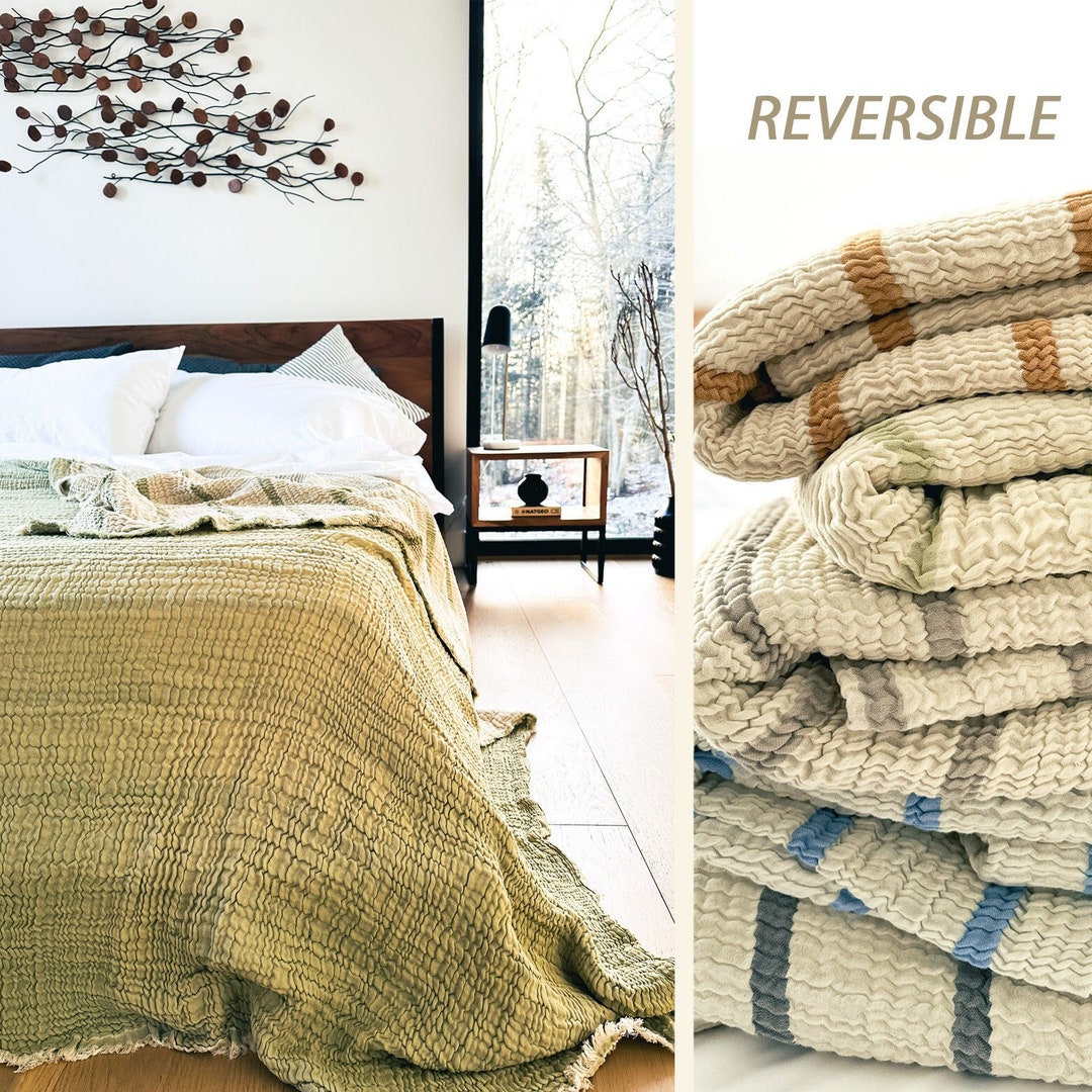 Muslin Blanket King in Various Colors, Solid and Striped Reversible, 4 Layers Gauze Cotton