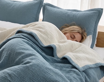 Organic 4 Layers Gauze Blanket: Non Toxic Turkish Cotton Dual Color Muslin Bedspread Throw