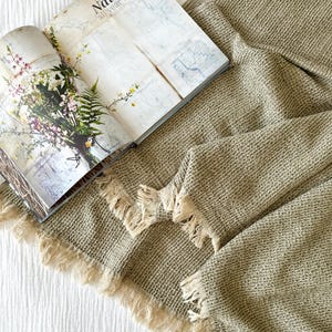 Sage Green Waffle Knit Throw Blanket: Soft Cotton with Fringe