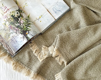 Sage Green Waffle Knit Throw Blanket: Soft Cotton with Fringe