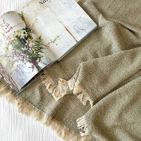 Sage Green Waffle Knit Throw Blanket: Soft Cotton with Fringe