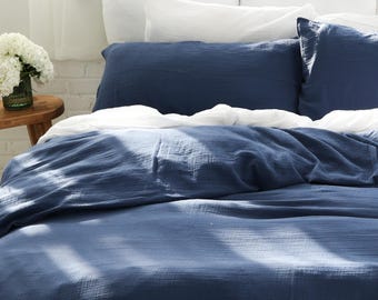 Muslin Duvet Cover, Organic Cotton Duvet, Royal Blue Organic Bedding, Muslin Bedspread, Christmas Gift, Fall Bedroom Design