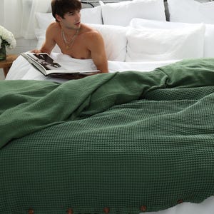 Waffle Duvet Cover, Forest Green Double Sided Organic Bedding, Organic Muslin + Waffle Duvet, Waffle Bedspread, Christmas Gift
