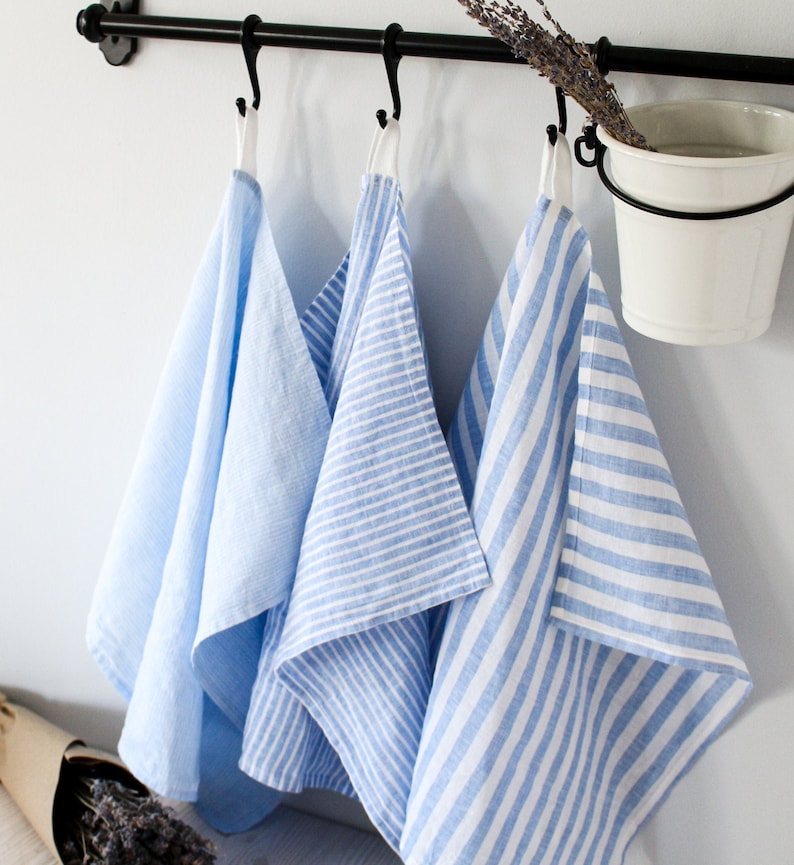 Linen Tea Towel, Set of 3 or Single, US Shop, Christmas Gift, Striped Linen Cotton Kitchen Towel Set With Loop, Gift For Kitchen, Holiday Assorted Set of 3