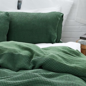 Waffle Pillow Case Set of 2, Forest Green Organic Softened Pre Washed Cotton Pillow Covers in Earthy colors, Pillow Cases w/Envelope Closure