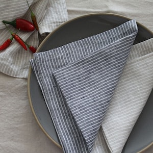 Striped Dinner Napkin, Washed Linen Napkin, Natural, Black, Handcrafted Cloth Napkin, Bulk Wedding Napkin, Housewarming Gift, Napkin Set