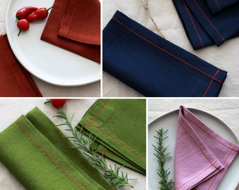 Linen Napkin with red stitch, Set of 4, Christmas Gift, Dinner Napkins Bulk, Wedding Napkins, Housewarming Gift,Decor, Table Linens, US Shop