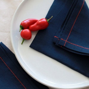 Linen Napkin with Red Stitch, Christmas Gift, Navy Linen Napkin, Cloth Dinner Napkin, Bulk Wedding Napkin,Set of 4, Table Linens,Table Decor