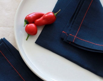 Linen Napkin with Red Stitch, Christmas Gift, Navy Linen Napkin, Cloth Dinner Napkin, Bulk Wedding Napkin,Set of 4, Table Linens,Table Decor
