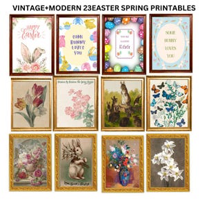Mod + Vintage 23 Easter Printable Wall Art Decorations Springtime Decor Rabbit Paintings Easter Art Print Spring Prints Set Wildflower Print
