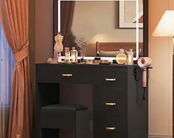 Dressing table set with large mirror and LED light, adjustable brightness, with 4 drawers, with cushion for women, charcoal black