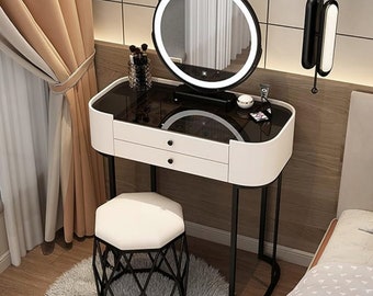 Coiffeuse moderne avec miroir éclairé, chambre, tabouret rembourré, 2 grands tiroirs en verre trempé noir,