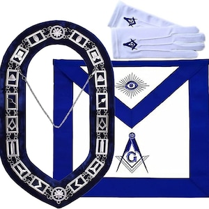 Masonic Regalia Blue Lodge Master Mason Apron, Chain Collar, Square and Compass Gloves Set Gift For Him