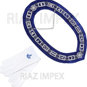 Masonic Regalia Master Mason Blue Lodge House Gold Metallic Chain Collar, Blue Backing With Free White Cotton Gloves
