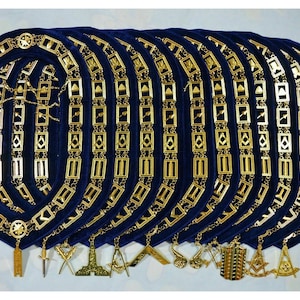 MASONIC Regalia Blue Lodge Chain Collar With Officers Jewels GOLDEN 12 Pcs Set