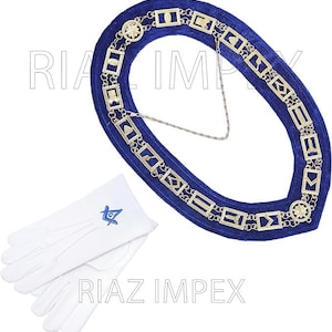 Masonic Regalia Master Mason Blue Lodge House Gold Metallic Chain Collar, Blue Backing With Free White Cotton Gloves