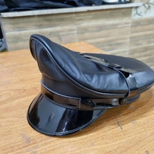 Echt echt leer zwart leger Muir Biker Peaked Police Gay Bluf Cap hoed cadeau voor hem - Her