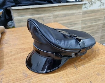Genuine Real Leather Black  Muir Biker Peaked Police Gay Bluf Cap Hat Gift For Him - Her