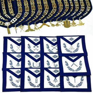 Masonic Regalia Aprons Blue Lodge Officers Set of 12 & Blue Backing Chain Collar Golden with Jewels