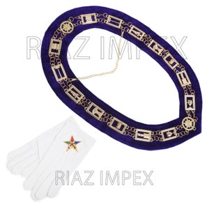 Masonic OES Order of Eastern Star Gold Chain Collar Purple Backing with Gloves