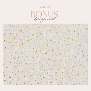 May include: White background with a subtle texture and a pattern of small gold dots.