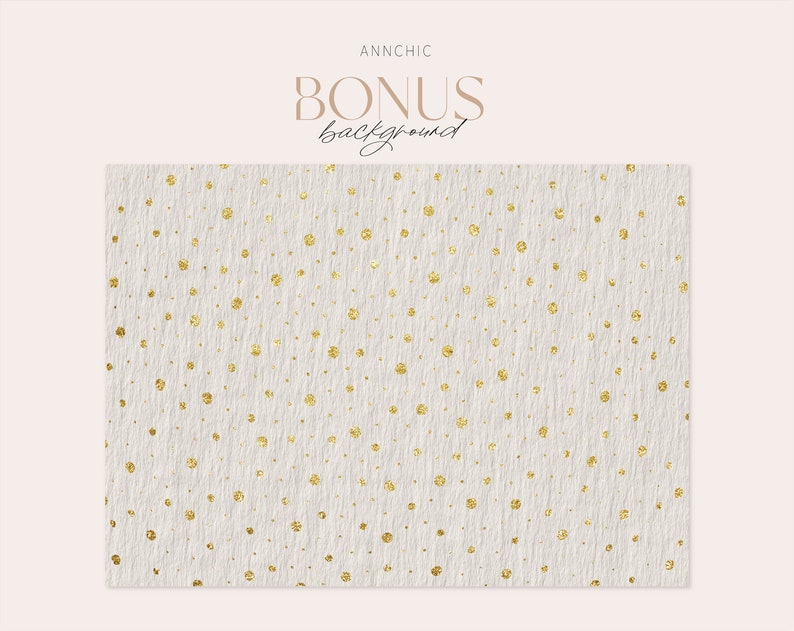 May include: White background with a subtle texture and a pattern of small gold dots.