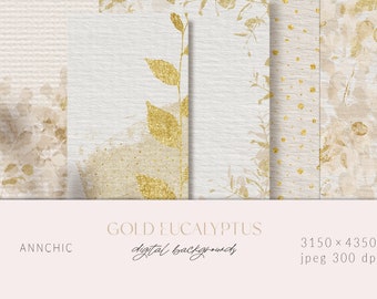 Gold eucalyptus wedding paper, Foliage printable watercolor pattern, Autumn botanical clipart, invitation card, digital download scrapbook