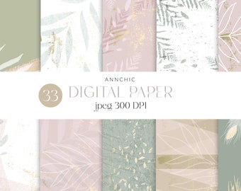 33 Neutral Botanical Digital Papers – Sage & Blush Watercolor Background Bundle, 12x12 Wedding Scrapbook Paper Pack, Printable Textures