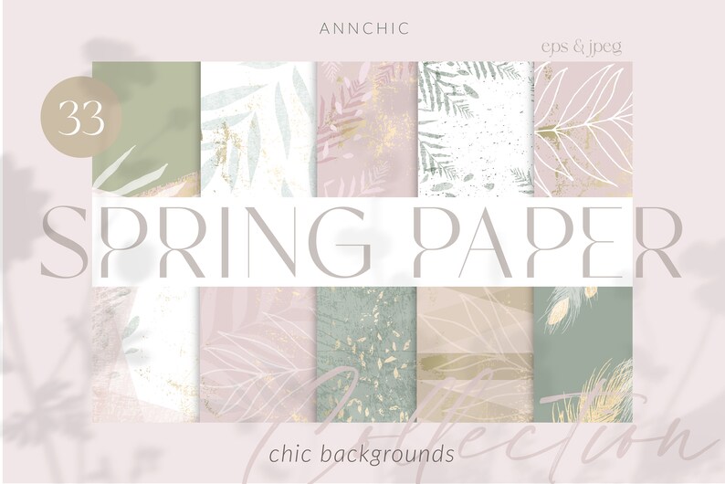 May include: A set of 33 digital paper backgrounds featuring a spring theme with delicate leaves, gold accents, and a soft color palette of green, pink, and white.