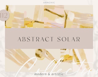 Puede incluir: Diseño de la colección Abstract Solar con una paleta de colores beige y dorado. La imagen presenta arte de estilo pincelada con el texto "ABSTRACT SOLAR COLLECTION" y "modern & artistic". El diseño tiene una estética suave y elegante.
