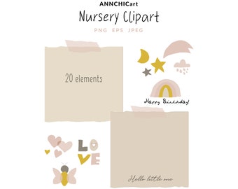 Rainbow clipart, Boho baby clipart, Baby girl clipart, Baby boy interior clipart, Baby wall art, baby nursery art, bedroom print art