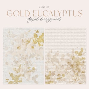 May include: Two digital backgrounds featuring a watercolor-style illustration of eucalyptus leaves with gold accents. The backgrounds are on a textured canvas-like surface.