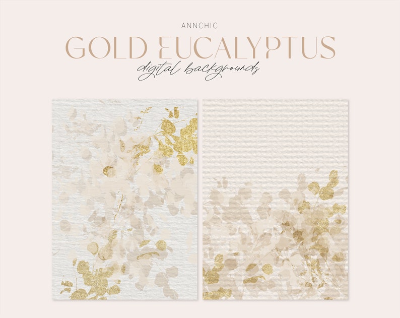 May include: Two digital backgrounds featuring a watercolor-style illustration of eucalyptus leaves with gold accents. The backgrounds are on a textured canvas-like surface.
