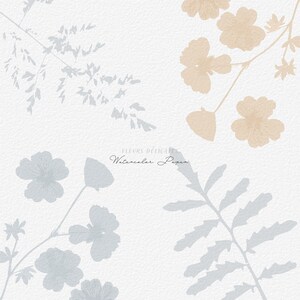 May include: A digital illustration of delicate flowers and leaves in shades of blue and beige on a white background. The text "FLEURS DÉLICATS Watercolor Paper" is written in cursive at the bottom of the image.