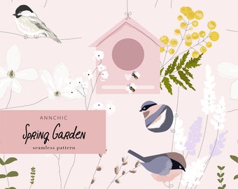 Modèle sans couture de jardin de printemps, motif oiseaux, fleurs de mimosa, papier numérique d'été mignon, motif floral sans couture, album de fleurs de cerisier