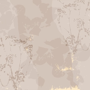 May include: Abstract floral pattern with gold accents on a light beige background. The design features delicate floral shapes and gold metallic accents.