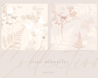 Beige kruidenpatronen, botanische achtergrond, bloemmotief, neutrale beige aquarel, digitaal papier, wilde bloemen en bladeren, bloemenpatroon