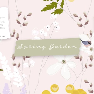 Pode incluir: Um padrão sem costura que apresenta um jardim de primavera com flores brancas, samambaias verdes, bolas amarelas e pássaros. O texto "Spring Garden" está escrito em uma faixa verde.