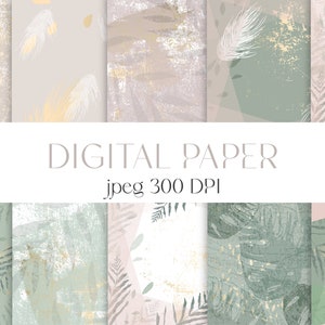 May include: Set of 8 digital papers featuring a green and gold leaf pattern with a textured background. The papers are 300 DPI and are perfect for scrapbooking, card making, and other crafting projects.