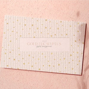 May include: A white card with a gold speckled pattern and the text "AUBRIC GOLD EUCALYPTUS digital backgrounds" in a black frame.