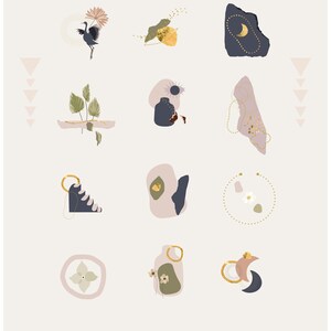 Könnte beinhalten: Ein Set mit 24 einzigartigen digitalen Illustrationen mit abstrakten Formen, goldenen Akzenten und Elementen aus der Natur. Die Illustrationen sind im minimalistischen Stil gehalten und haben eine neutrale Farbpalette aus Beige, Hellrosa und Dunkelblau.
