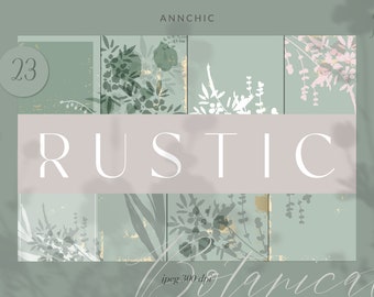 May include: A set of 23 digital illustrations featuring rustic botanical designs in shades of green, white, and gold. The illustrations are perfect for creating invitations, cards, and other paper goods.
