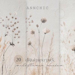 Digitalt papper med vildblommor, blommigt papper, botaniskt digitalt papper, beige papper, akvarelltextur, neutralt papper, bohobakgrund, neutral