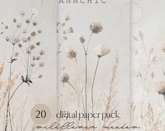 Wildflower digital paper, floral paper, botanical digital paper, beige paper, watercolor texture, neutral paper, boho background, neutral