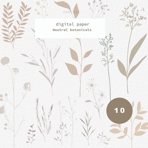 Pacote de papel digital botânico neutro | Fundos florais bege | Papel de scrapbook minimalista com natureza | Texturas estéticas para impressão