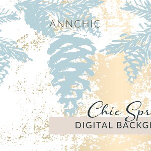 May include: A digital background featuring a gold and white textured background with blue spruce branches and pine cones. The text "Chic Spruce DIGITAL BACKGROUND" is at the bottom of the image.