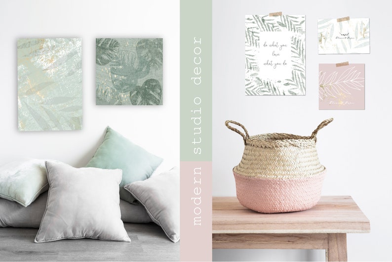 May include: A modern studio decor scene with two green and gold leaf print canvas wall art pieces, three framed prints with a leaf design and inspirational text, a pink and natural woven basket, and a light wood table.