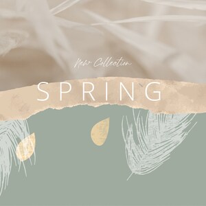 May include: A torn piece of paper with the word "SPRING" written in white text on a light brown background. The paper is over a light green background with white feather-like designs and yellow teardrop shapes.