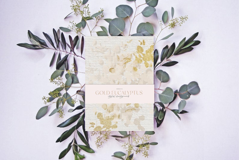 May include: A set of digital backgrounds featuring a gold eucalyptus design on a white background. The text "ARBOR GOLD EUCALYPTUS Digital Backgrounds" is printed on a pink label.