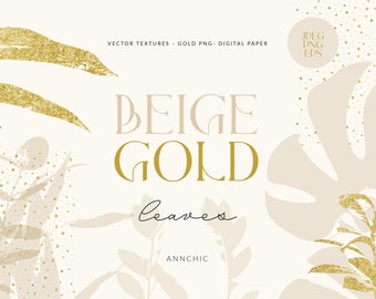 Gold beige leaves, Vector leaves texture, Autumn gold leaves, Leaf digital paper, Gold leaf overlays, Tropical leaves clipart, Leaf clipart